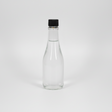 Clear glass bottle with a black cap on a white background