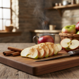 Sliced apples, cinnamon sticks, and a knife on a wooden cutting board with apples in the background.