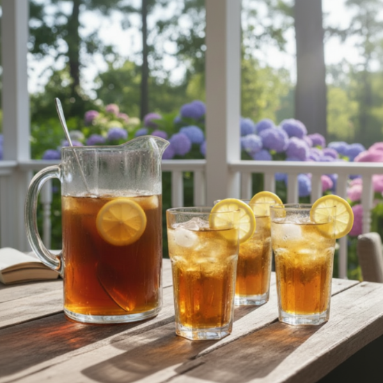 pitcher of refreshing cold iced tea and glasses filled with tea, garnished with lemons. set on a porch on a hot summer day. 