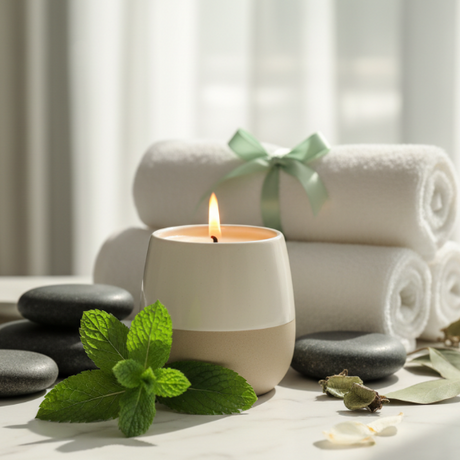 a spa scent showing a sprig or spearmint, candle among other things