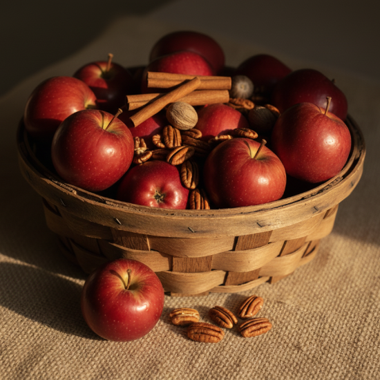 Wooden basket filled with red apples, cinnamon sticks, and pecans on a textured surface.