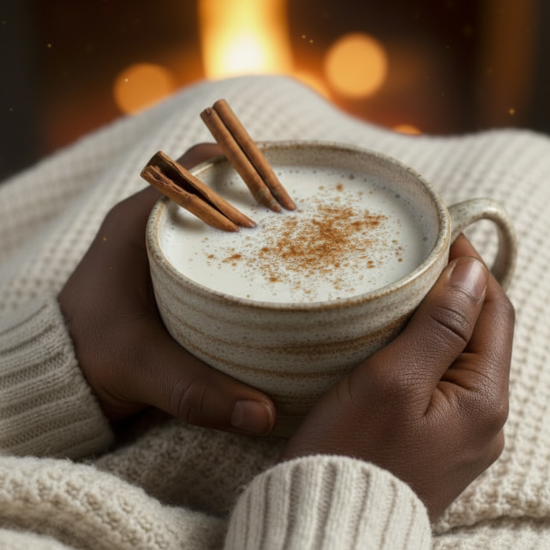 ceramic mug filled with warm, creamy, white liquid. cracked cinnamon sticks are rested on top. a light dusting of cinnamon. close up. shallow depth of field. comforting and cozy.