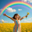 joyful child in field of flowers with rainbow in background