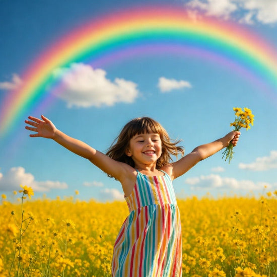 joyful child in field of flowers with rainbow in background