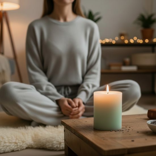 Person sitting in a relaxed pose with a lit candle on a wooden table in a cozy room.