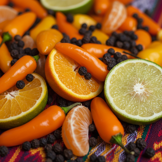 sweet orange Chile peppers, Italian Bergamot, Oranges, Tangerine, black pepper, on a colorful background