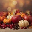 Autumnal scene with pumpkins, apples, and cranberries on a rustic background