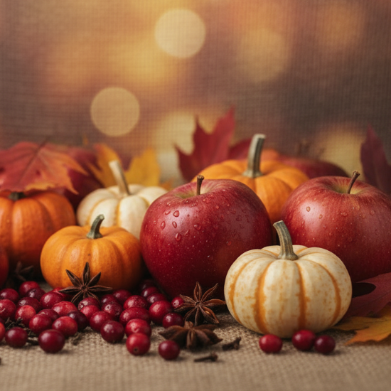 Autumnal scene with pumpkins, apples, and cranberries on a rustic background