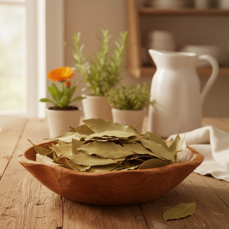 Wooden bowl filled with green leaves on a wooden table with plants and a pitcher in the background.