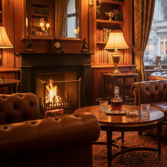 Cozy lounge with fireplace, leather chairs, and a table with drinks.