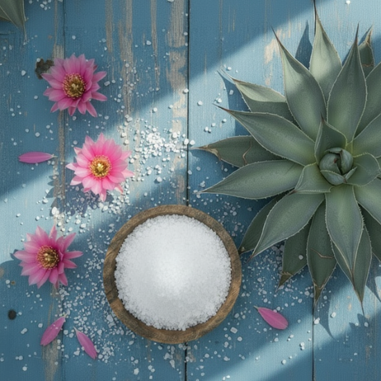 Bowl of white salt with pink flowers and a succulent on a blue wooden background