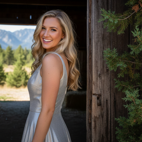 Woman in a white dress standing in a rustic setting with mountains in the background