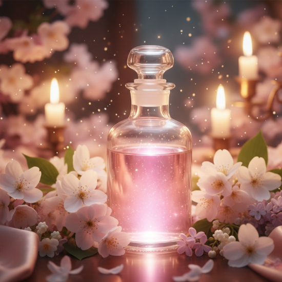 bottle of love spell potion surrounded by candles and flowes