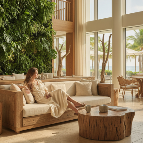 Woman sitting on a couch in a modern lounge with a large green wall and large windows.