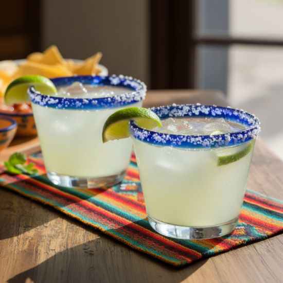 two margaritaa in Mexican style glasses with blue rim. there is white salt on the rim. garnished with a lime. bright and refreshing. 