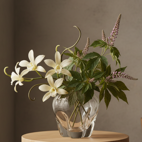 Clear glass vase with white flowers and green leaves on a wooden surface against a brown background
