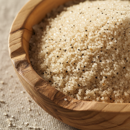 wooden bowl filled with vanilla sugar