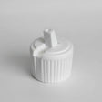 White plastic cap with a central cylindrical component on a white background