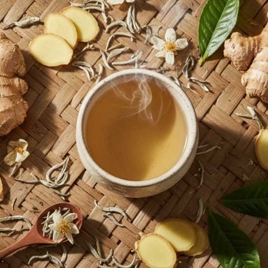 cup of white tea and ginger on textured background