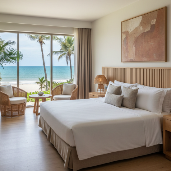 Modern hotel room with a view of the ocean and palm trees