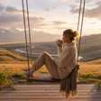 woman sitting on a porch swing with an inspiring landscape. she is facing away from the camera but you can see her profile. she is wearing a cozy fleece pullover. 