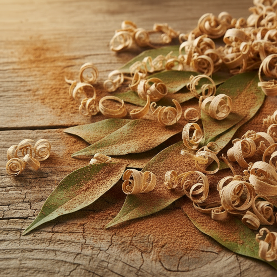 cedar shavings on a wooden surface with leaves and cinnamon powder