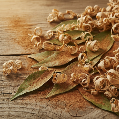 cedar shavings on a wooden surface with leaves and cinnamon powder